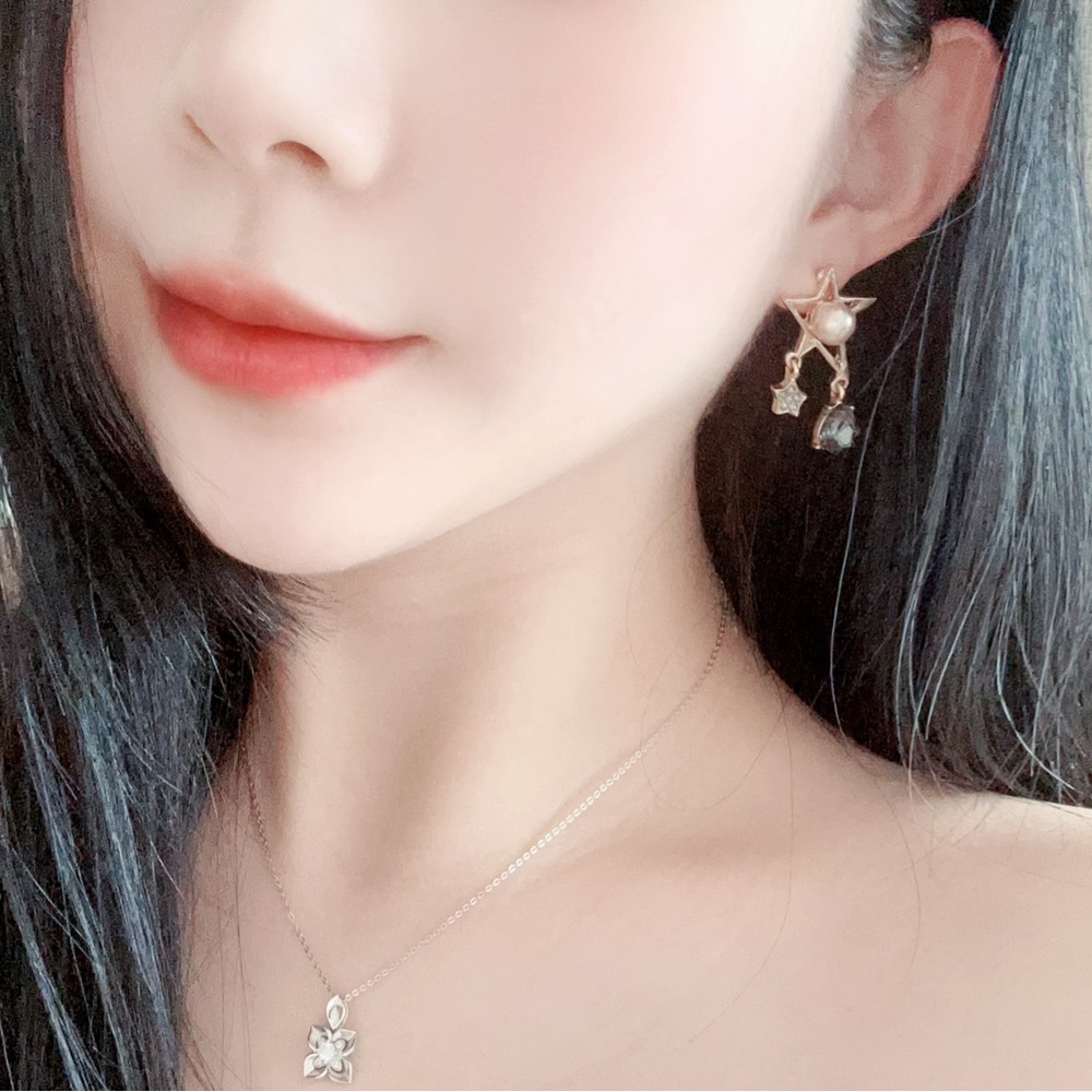 High-shine pink Pearl Star Earrings – 925 Silver Post, Crystal Teardrop.